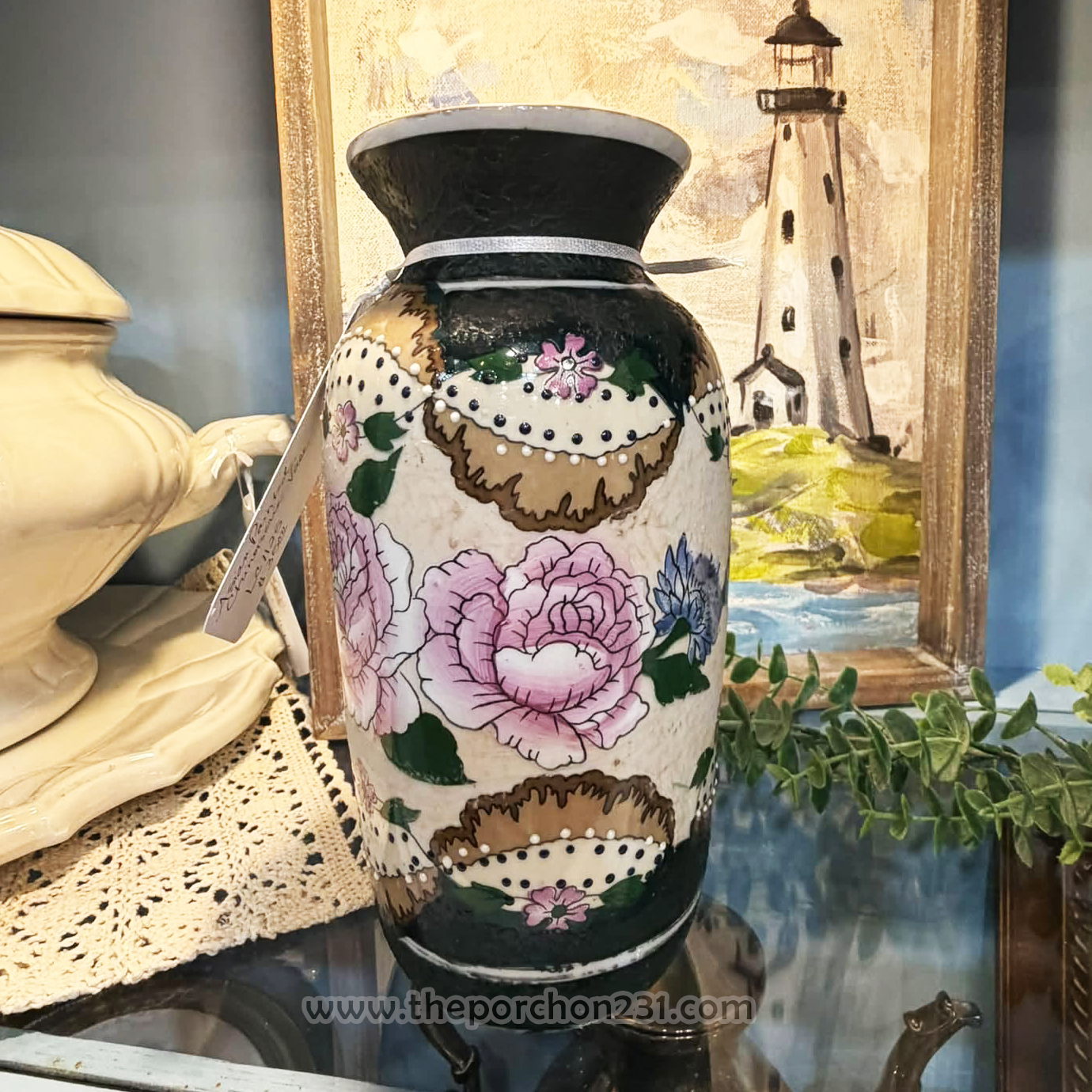Asian painted Chinoiserie vase, 8 1/2 inches tall.